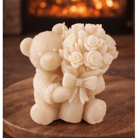 teddybärkerze mit blumen