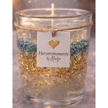 Dekokerze mit Trockenblumen & Gold | Handgemachte Gelkerze im Glas